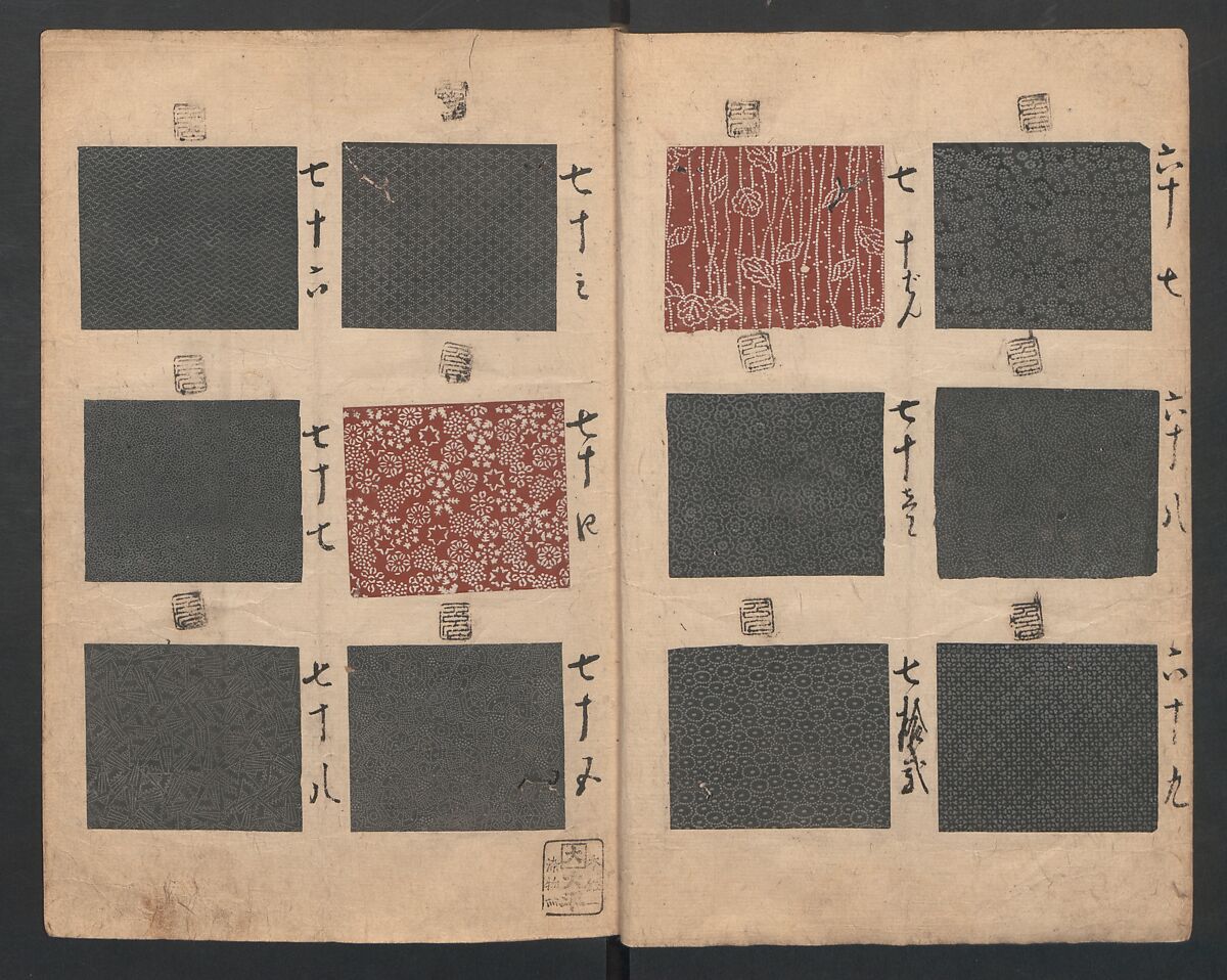 Book of Designs (Inu jirushi Shin Komon chō) 戌印 新小紋帳, Unidentified artist, Ink and color on paper, Japan
