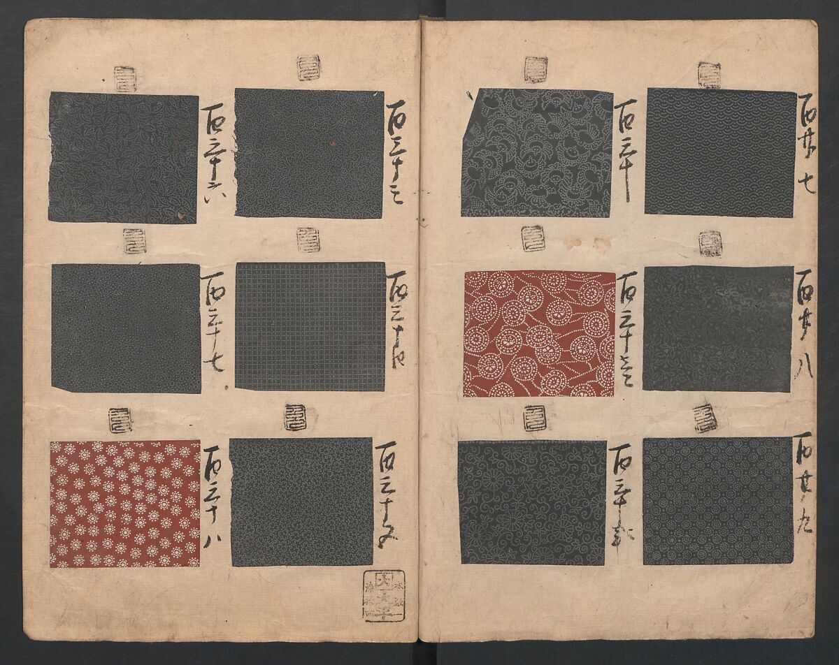 Book of Designs (Inu jirushi Shin Komon chō) 戌印 新小紋帳, Unidentified artist, Ink and color on paper, Japan