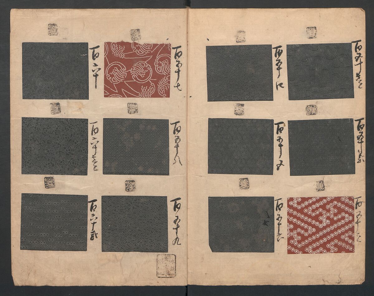 Book of Designs (Inu jirushi Shin Komon chō) 戌印 新小紋帳, Unidentified artist, Ink and color on paper, Japan