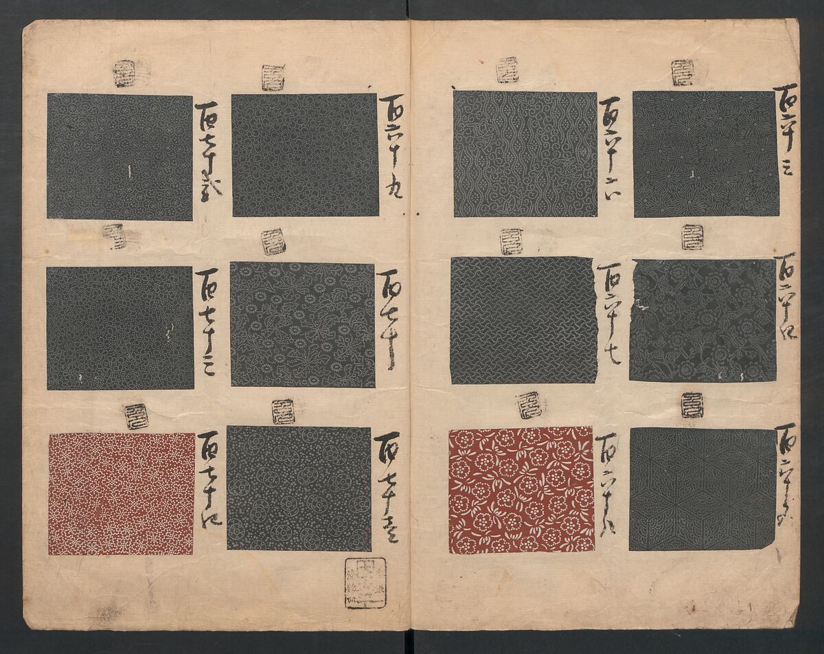 Book of Designs (Inu jirushi Shin Komon chō) 戌印 新小紋帳, Unidentified artist, Ink and color on paper, Japan