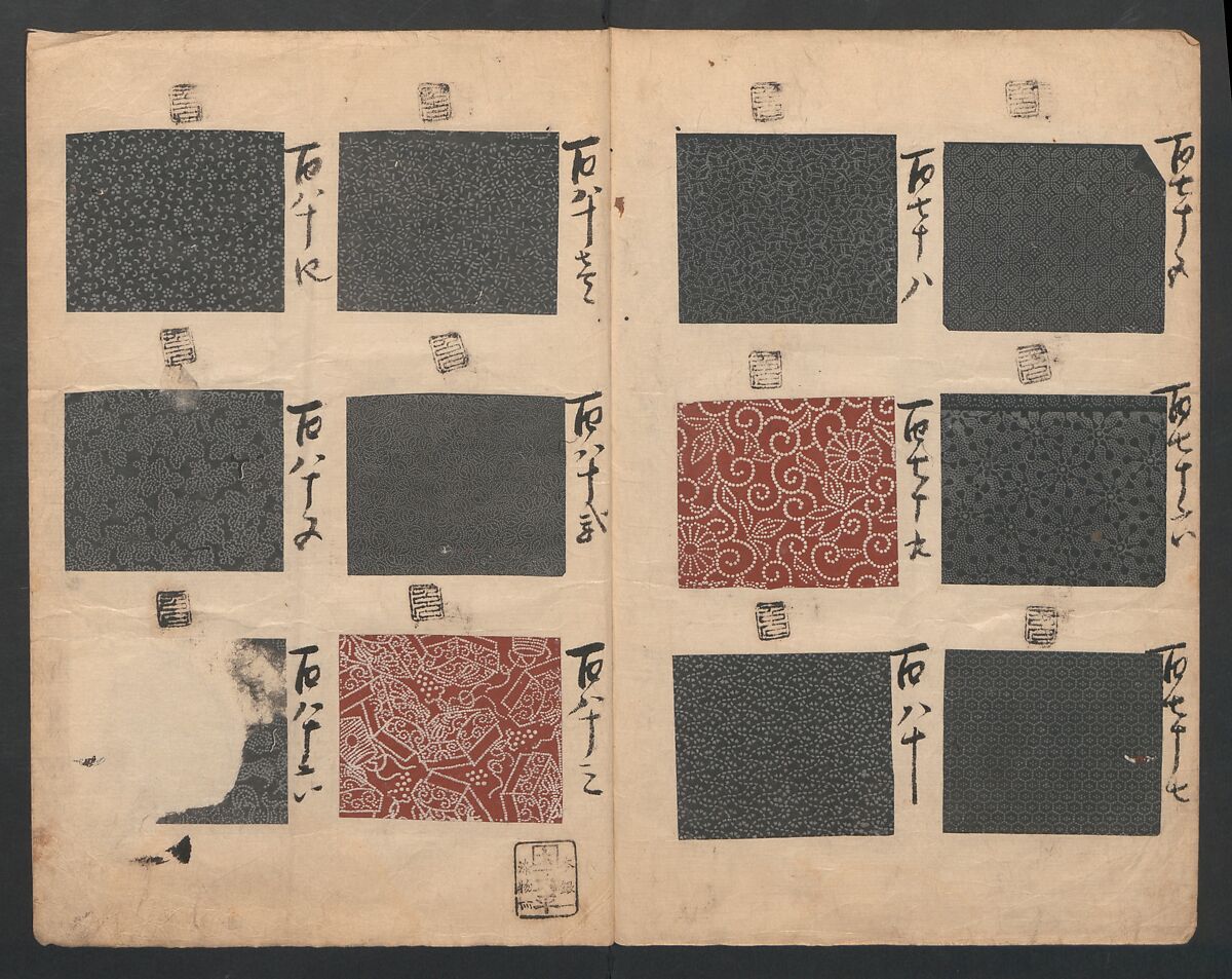 Book of Designs (Inu jirushi Shin Komon chō) 戌印 新小紋帳, Unidentified artist, Ink and color on paper, Japan