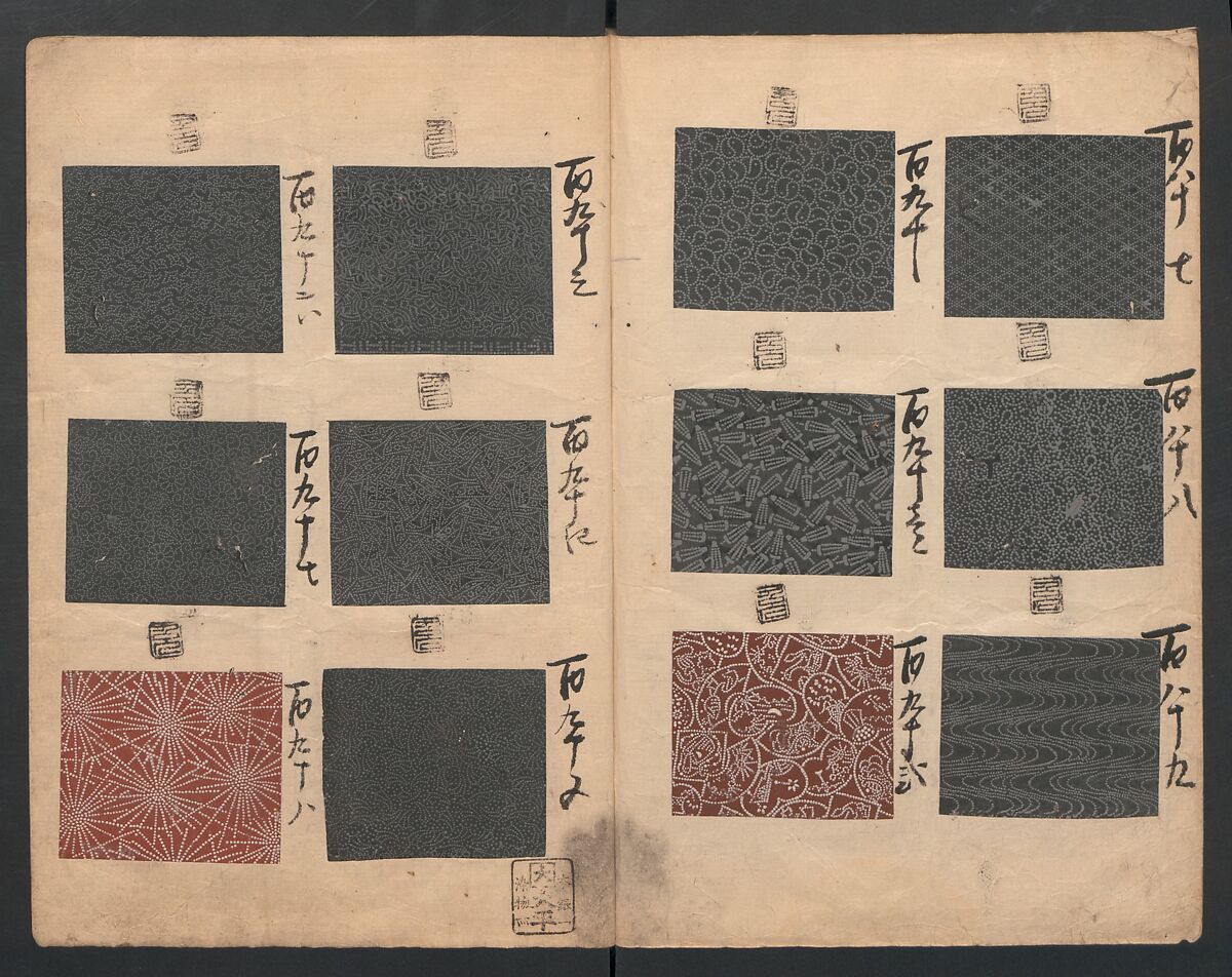 Book of Designs (Inu jirushi Shin Komon chō) 戌印 新小紋帳, Unidentified artist, Ink and color on paper, Japan