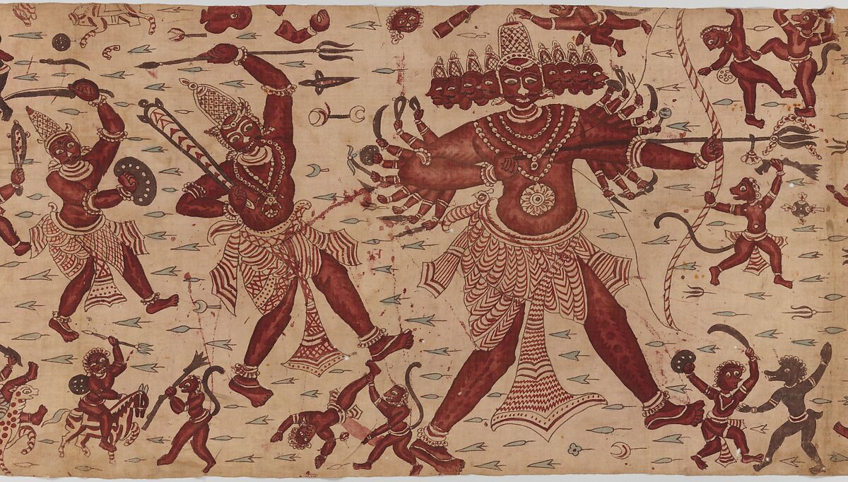 The Combat of Rama and Ravana, Painted and mordant-dyed cotton, India, Coromandel Coast