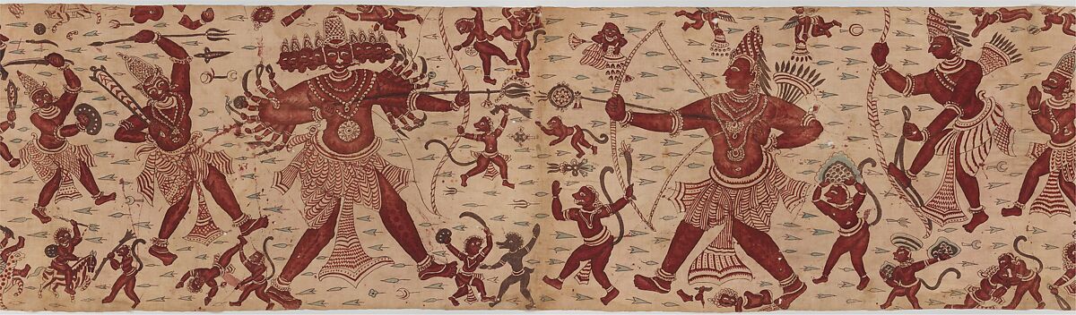 The Combat of Rama and Ravana, Painted and mordant-dyed cotton, India, Coromandel Coast