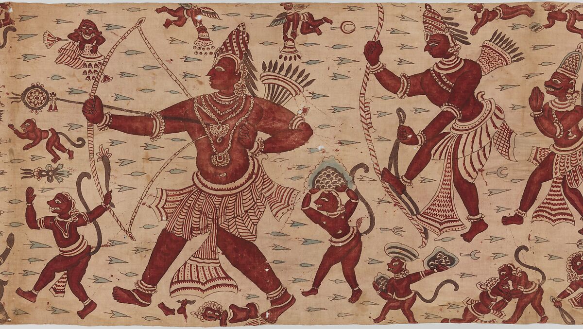 The Combat of Rama and Ravana, Painted and mordant-dyed cotton, India, Coromandel Coast