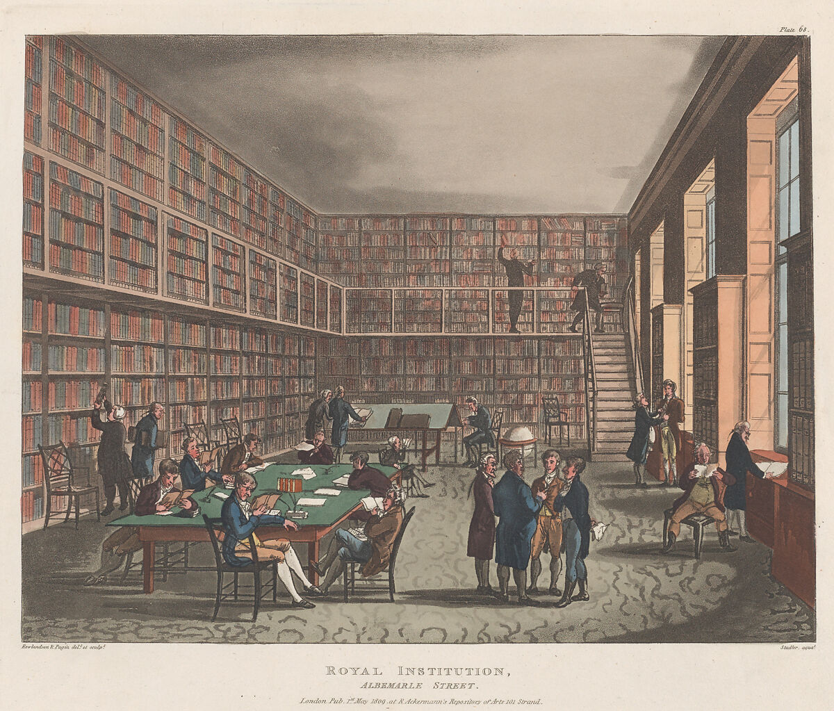 Royal Institution, Albemarle Street, Designed and etched by Thomas Rowlandson (British, London 1757–1827 London), Hand-colored etching and aquatint 