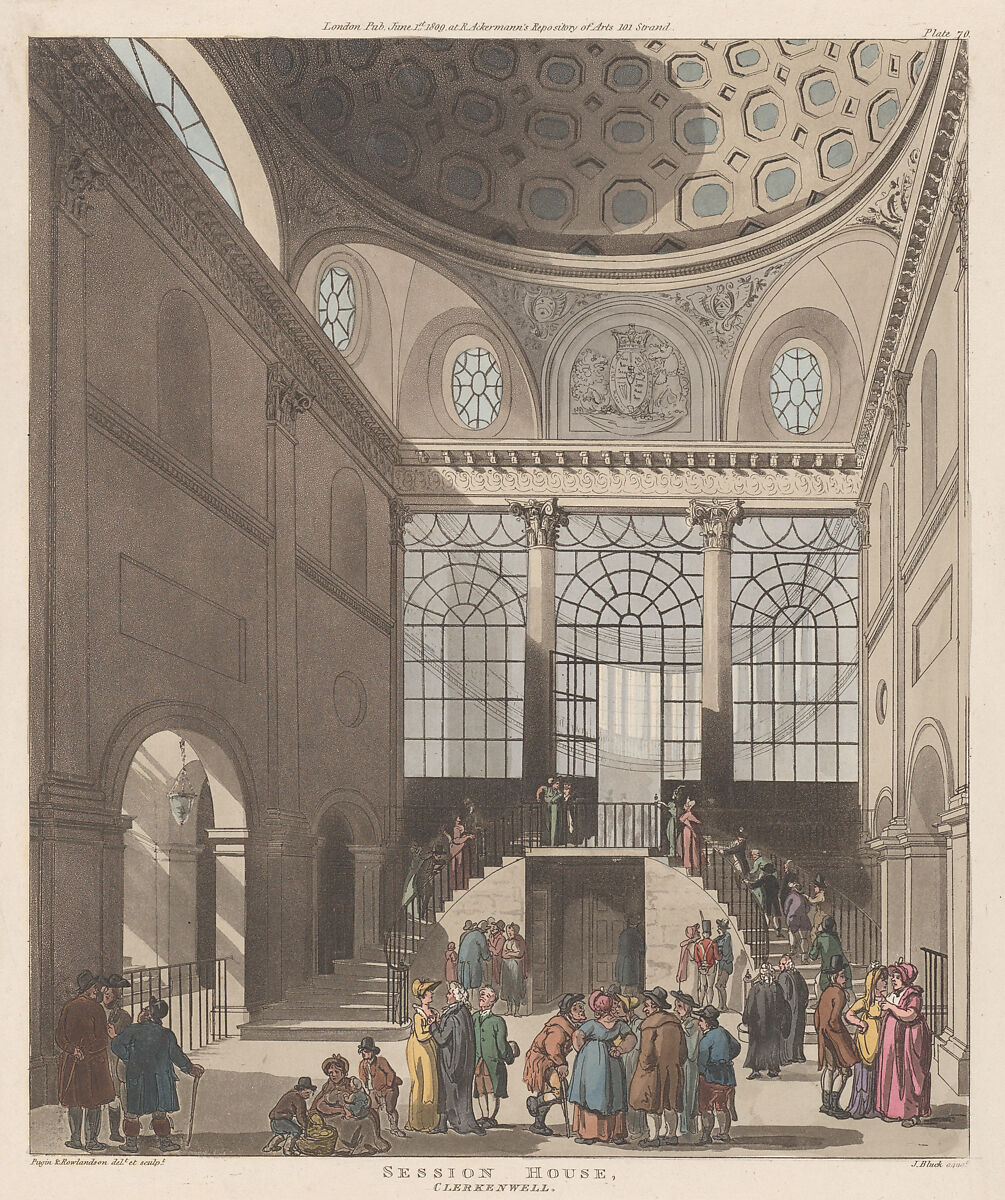 Session House, Clerkenwell, Designed and etched by Thomas Rowlandson (British, London 1757–1827 London), Hand-colored etching and aquatint 