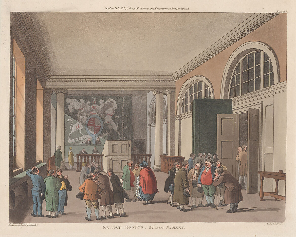 Excise Office, Broad Street, Designed and etched by Thomas Rowlandson (British, London 1757–1827 London), Hand-colored etching and aquatint 