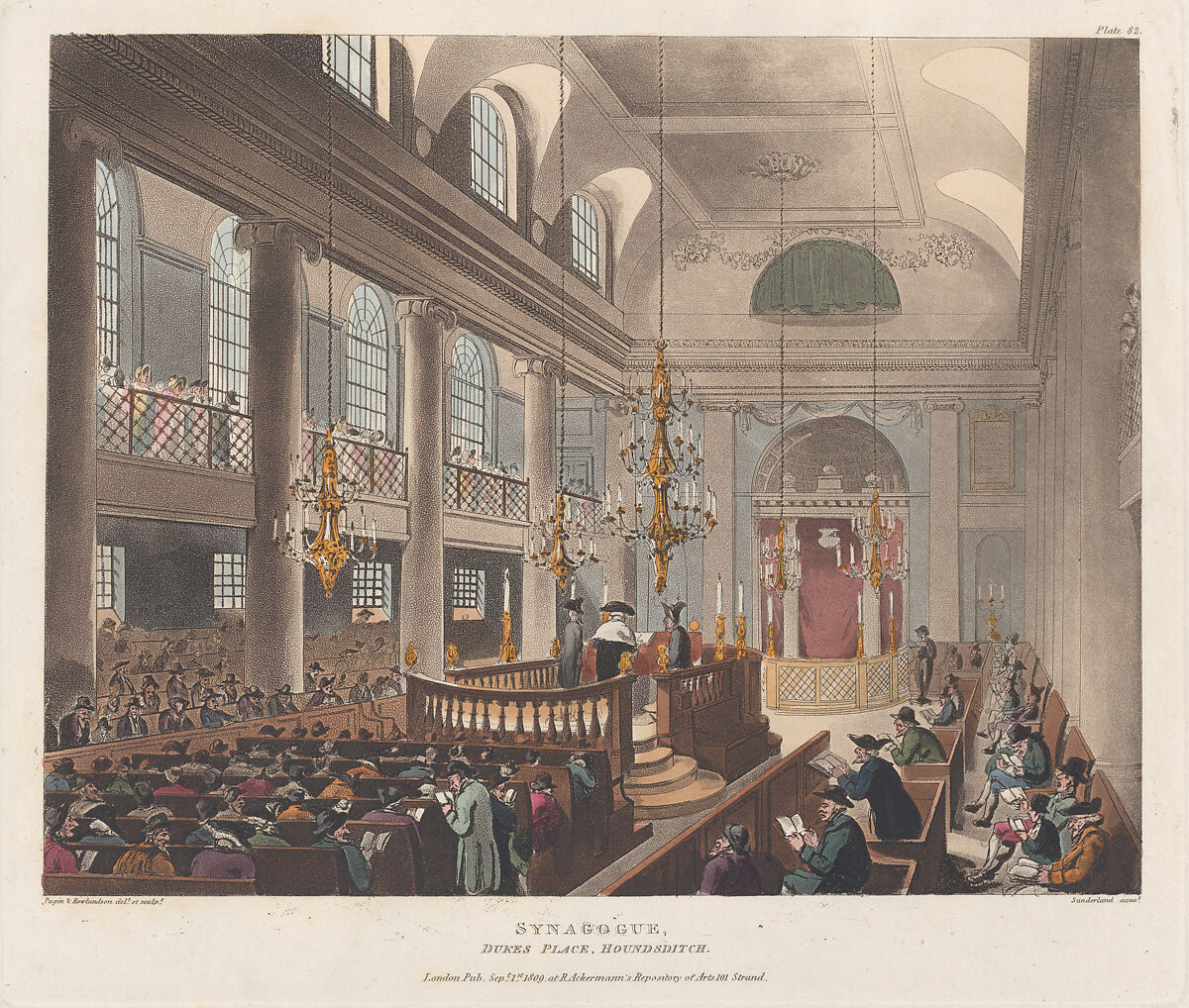 Synagogue, Designed and etched by Thomas Rowlandson (British, London 1757–1827 London), Hand-colored etching and aquatint 