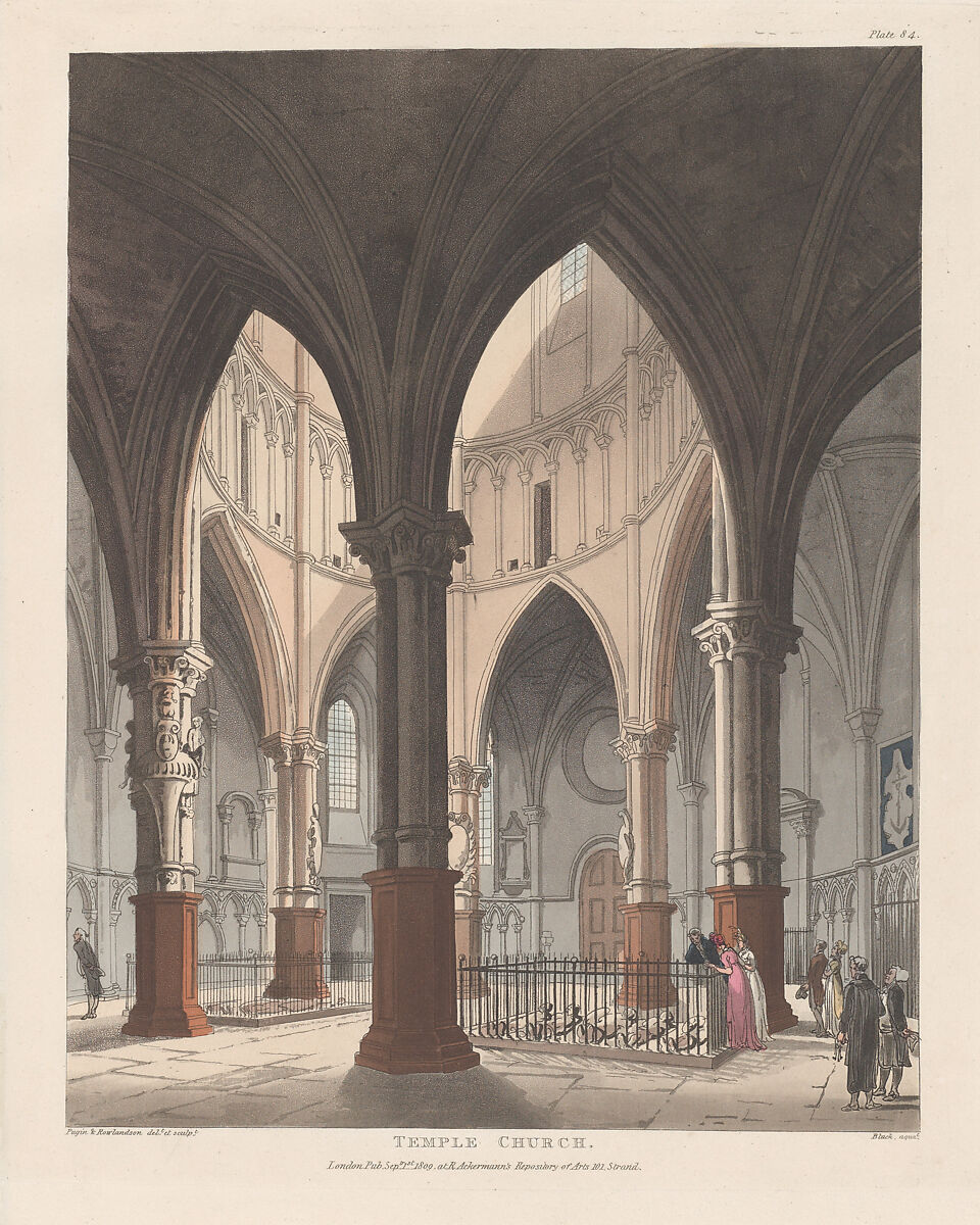 Temple Church, Designed and etched by Thomas Rowlandson (British, London 1757–1827 London), Hand-colored etching and aquatint 