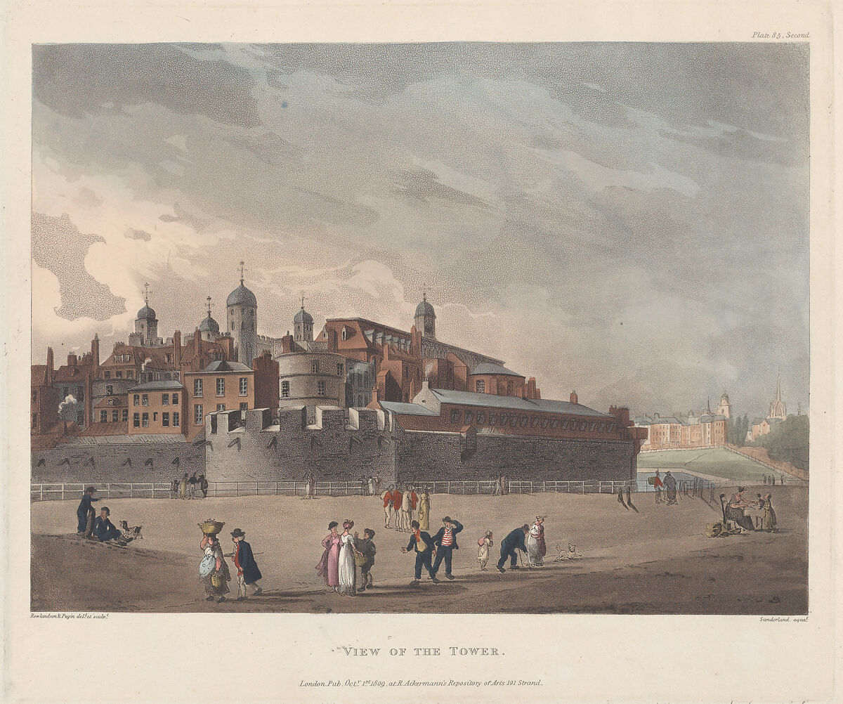 View of the Tower, Designed and etched by Thomas Rowlandson (British, London 1757–1827 London), Hand-colored etching and aquatint 