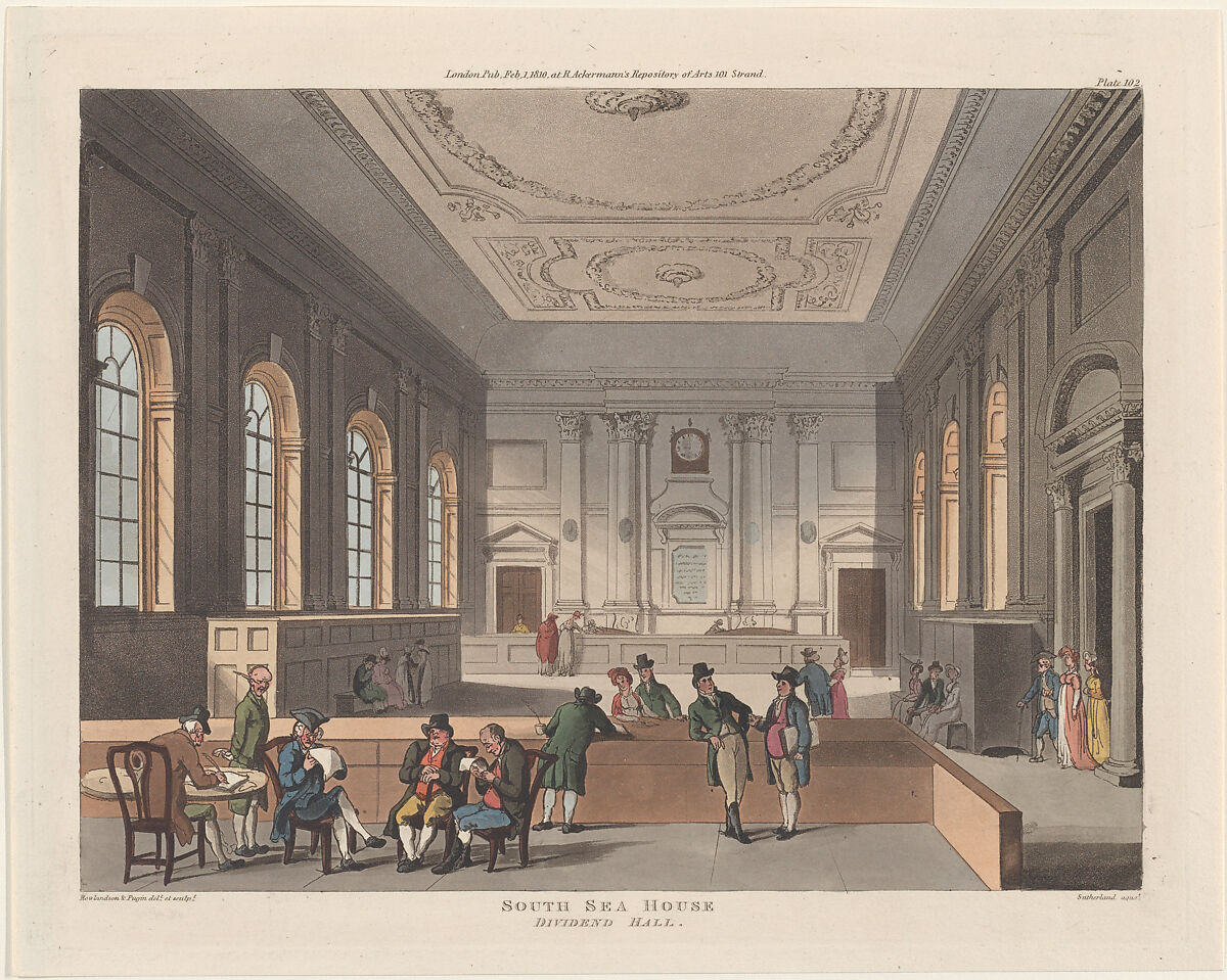 South Sea House, Dividend Hall, Designed and etched by Thomas Rowlandson (British, London 1757–1827 London), Hand-colored etching and aquatint 