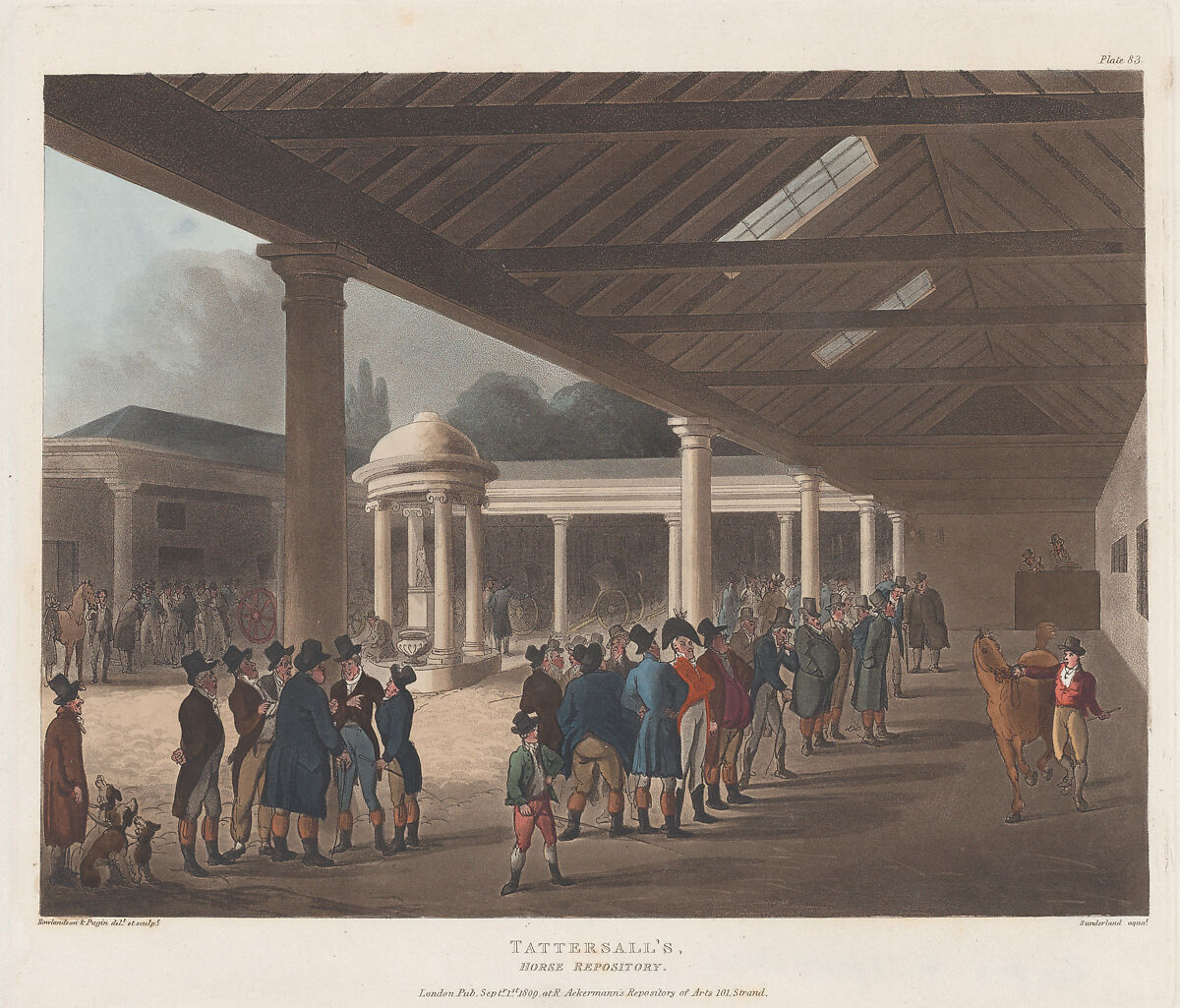 Tattersall's, Horse Repository, Hyde Park Corner, Designed and etched by Thomas Rowlandson (British, London 1757–1827 London), Hand-colored etching and aquatint 
