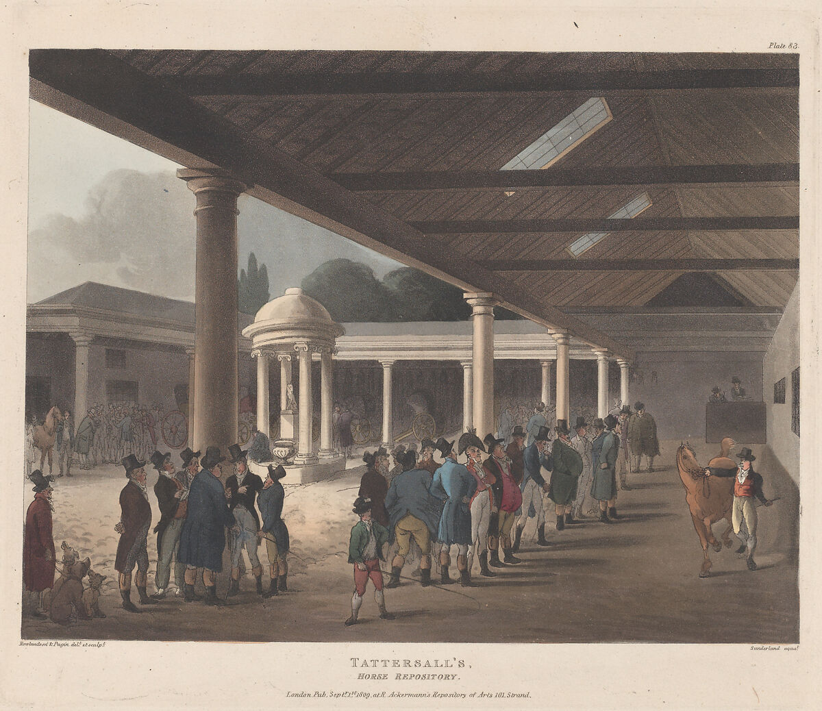 Tattersall's, Horse Repository, Hyde Park Corner, Designed and etched by Thomas Rowlandson (British, London 1757–1827 London), Hand-colored etching and aquatint 