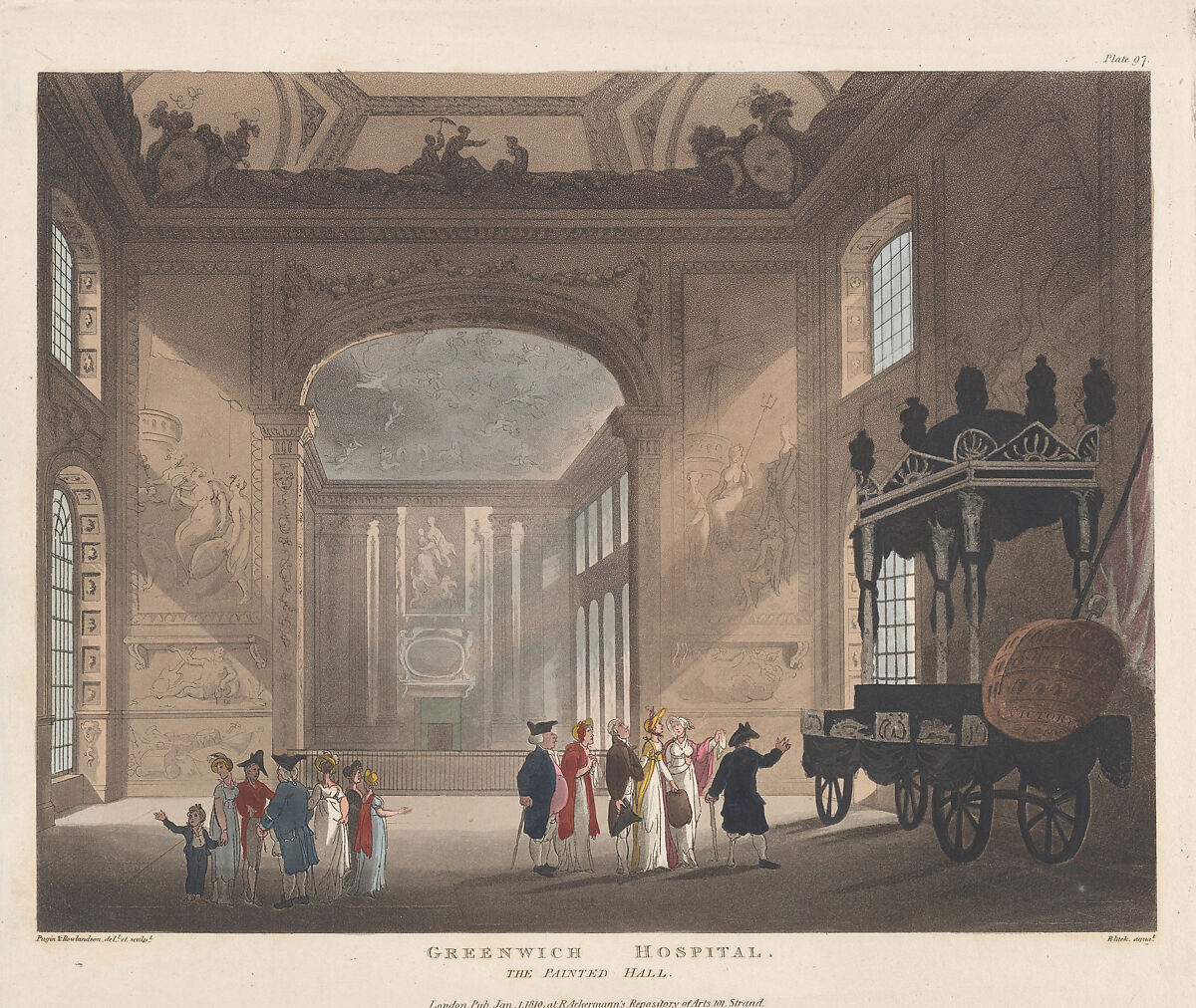 Greenwich Hospital, The Painted Hall, Designed and etched by Thomas Rowlandson (British, London 1757–1827 London), Hand-colored etching and aquatint 