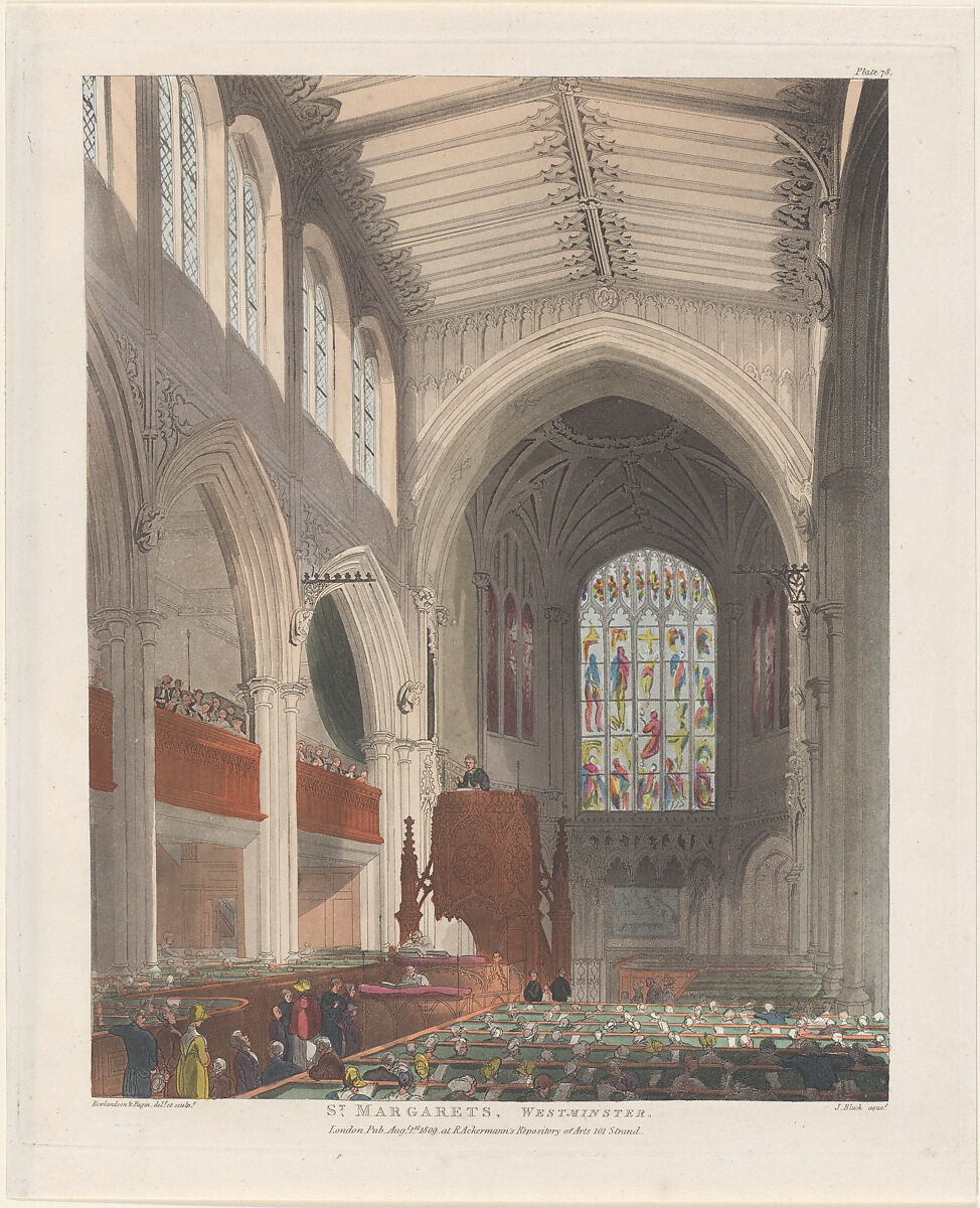 St. Margaret's Westminster, Designed and etched by Thomas Rowlandson (British, London 1757–1827 London), Hand-colored etching and aquatint 