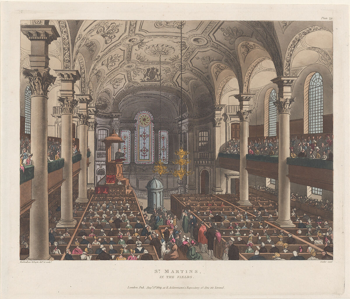St. Martin's in the Fields, Designed and etched by Thomas Rowlandson (British, London 1757–1827 London), Hand-colored etching and aquatint 