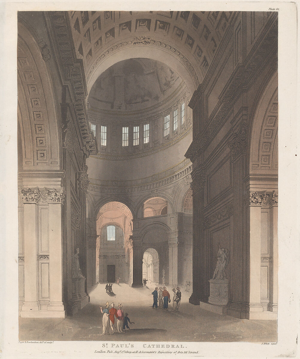 St. Paul's Cathedral, Designed and etched by Thomas Rowlandson (British, London 1757–1827 London), Hand-colored etching and aquatint 
