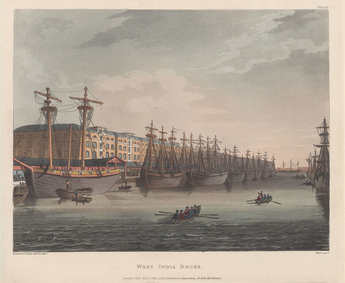 West India Docks, Designed and etched by Thomas Rowlandson (British, London 1757–1827 London), Hand-colored etching and aquatint 