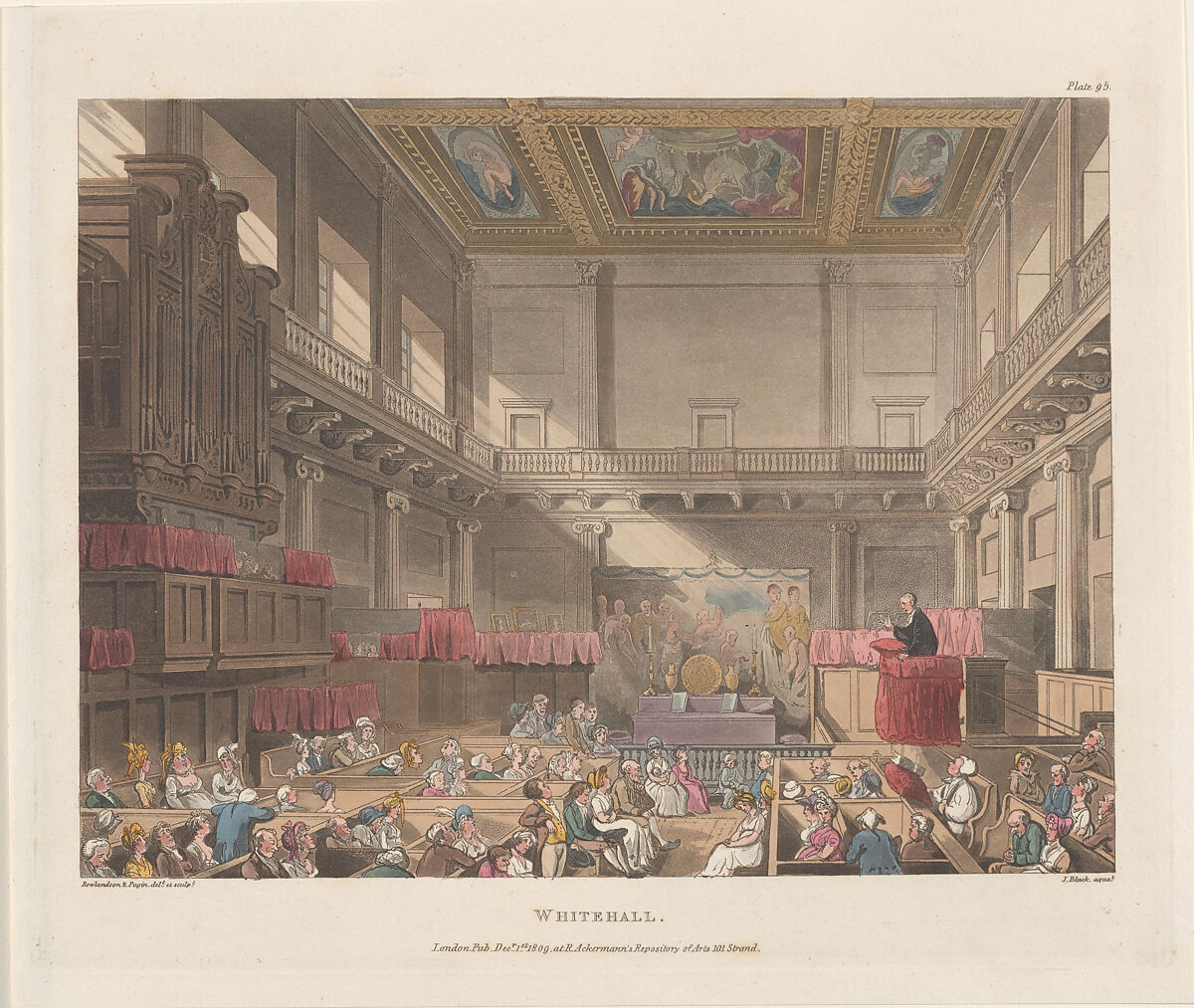 Whitehall, Designed and etched by Thomas Rowlandson (British, London 1757–1827 London), Hand-colored etching and aquatint 