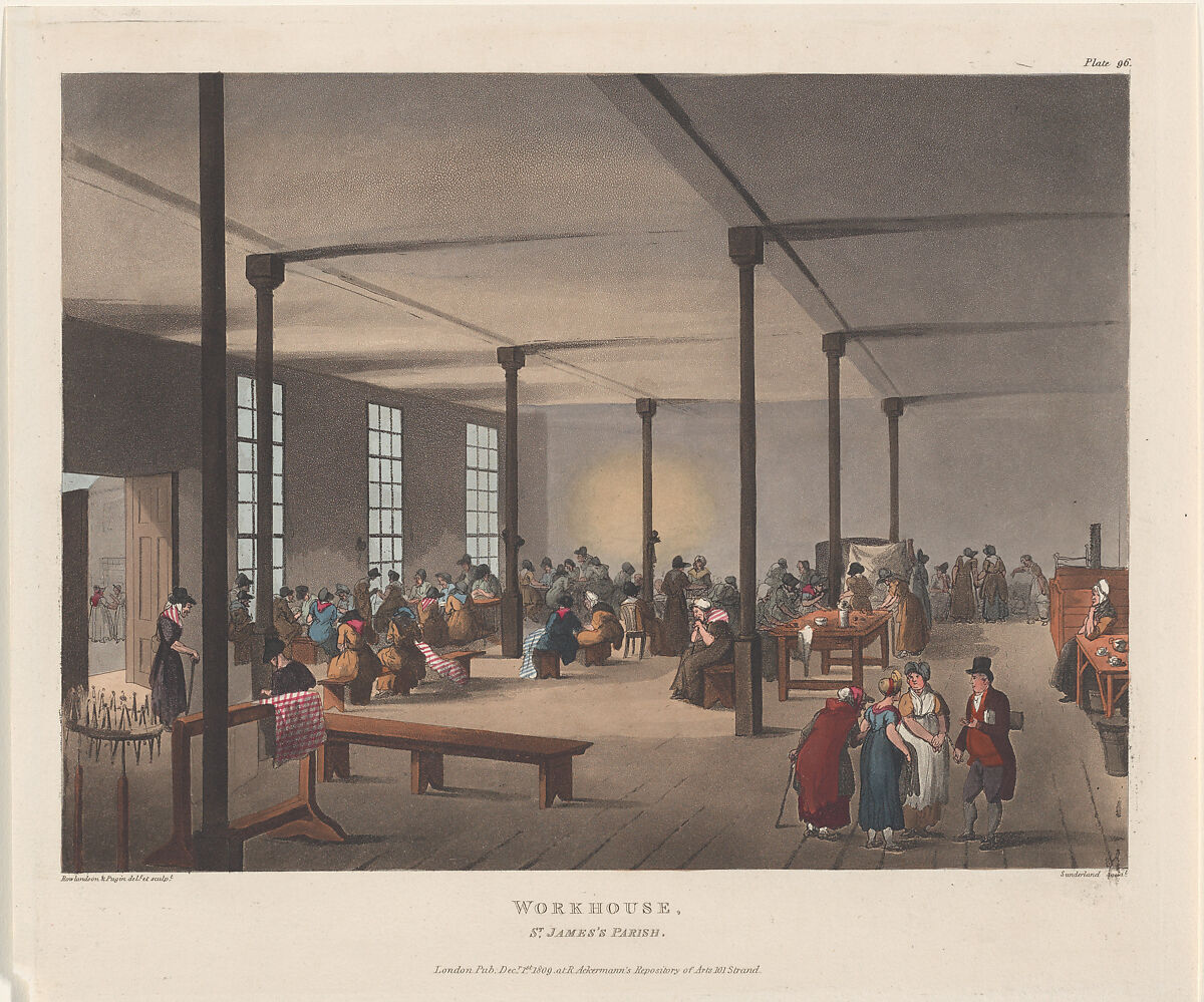 Workhouse, St. James's Parish, Designed and etched by Thomas Rowlandson (British, London 1757–1827 London), Hand-colored etching and aquatint 
