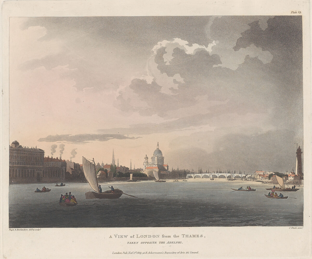 A View of London from the Thames, Designed and etched by Thomas Rowlandson (British, London 1757–1827 London), Hand-colored etching and aquatint 