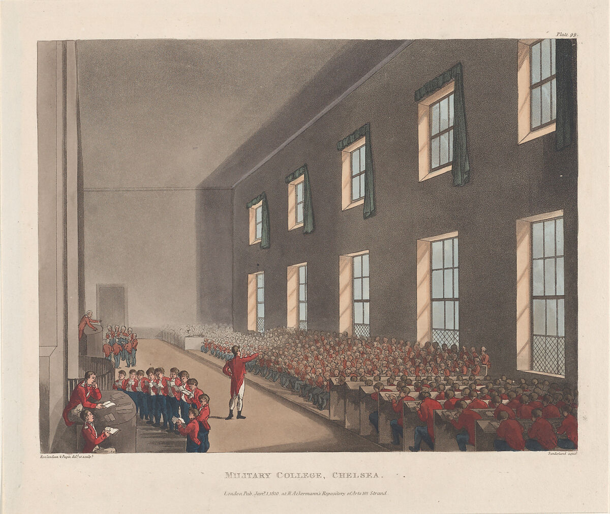 Military College, Chelsea, Designed and etched by Thomas Rowlandson (British, London 1757–1827 London), Hand-colored etching and aquatint 