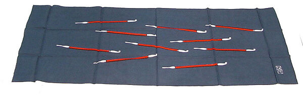 Towel (tenugui) with Pattern of Pipes in Red and White on a Blue Ground, Plain-weave cotton, Japan 