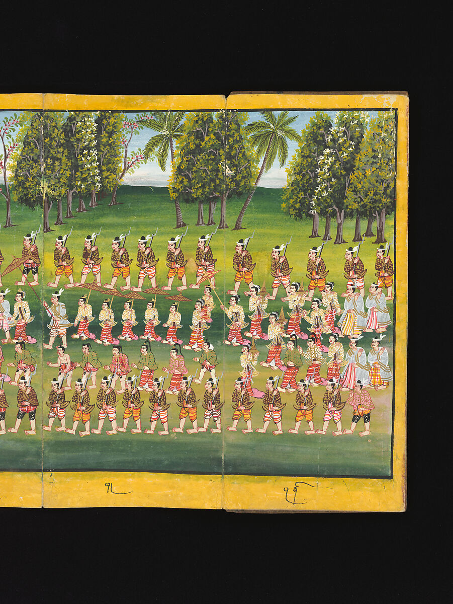 Royal processions, ceremonies and entertainments, Court of King Mindon or Thibaw, or associated workshops, Watercolor and gold on mulberry paper, with gilt lacquered wood covers and cloth lined box, Burma