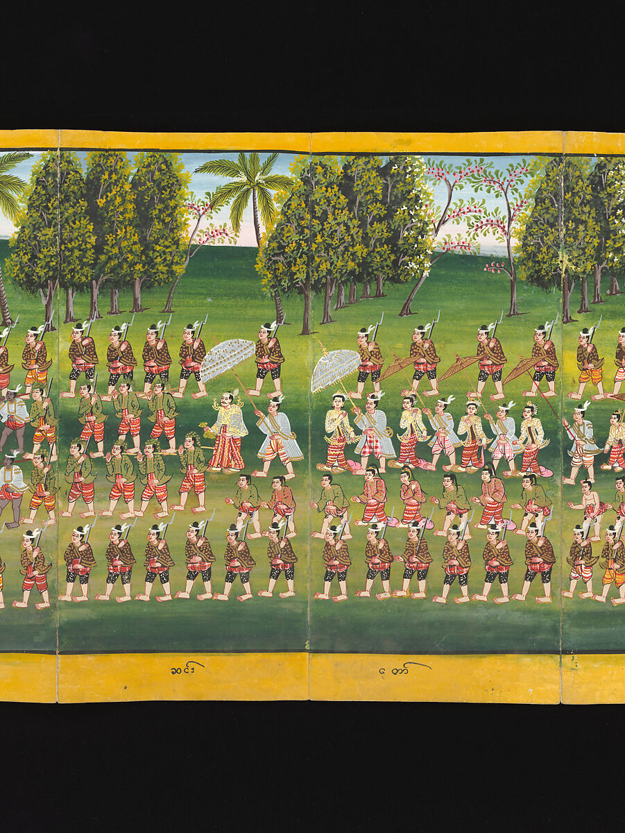 Royal processions, ceremonies and entertainments, Court of King Mindon or Thibaw, or associated workshops, Watercolor and gold on mulberry paper, with gilt lacquered wood covers and cloth lined box, Burma