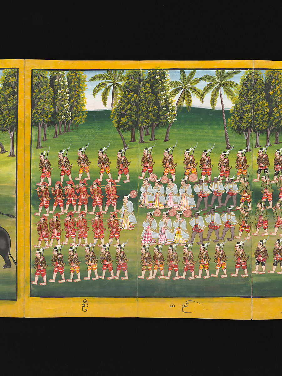 Royal processions, ceremonies and entertainments, Court of King Mindon or Thibaw, or associated workshops, Watercolor and gold on mulberry paper, with gilt lacquered wood covers and cloth lined box, Burma