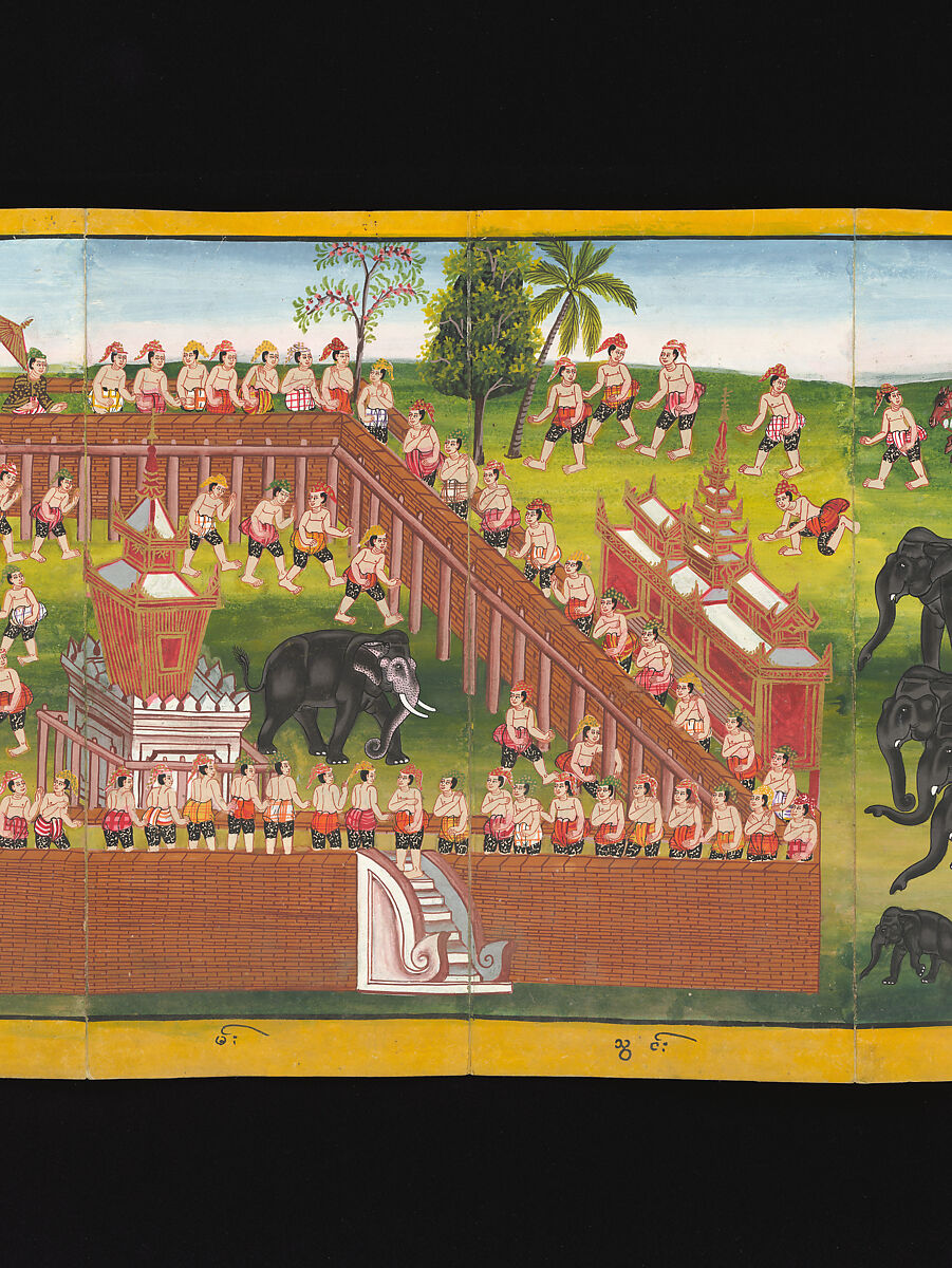 Royal processions, ceremonies and entertainments, Court of King Mindon or Thibaw, or associated workshops, Watercolor and gold on mulberry paper, with gilt lacquered wood covers and cloth lined box, Burma