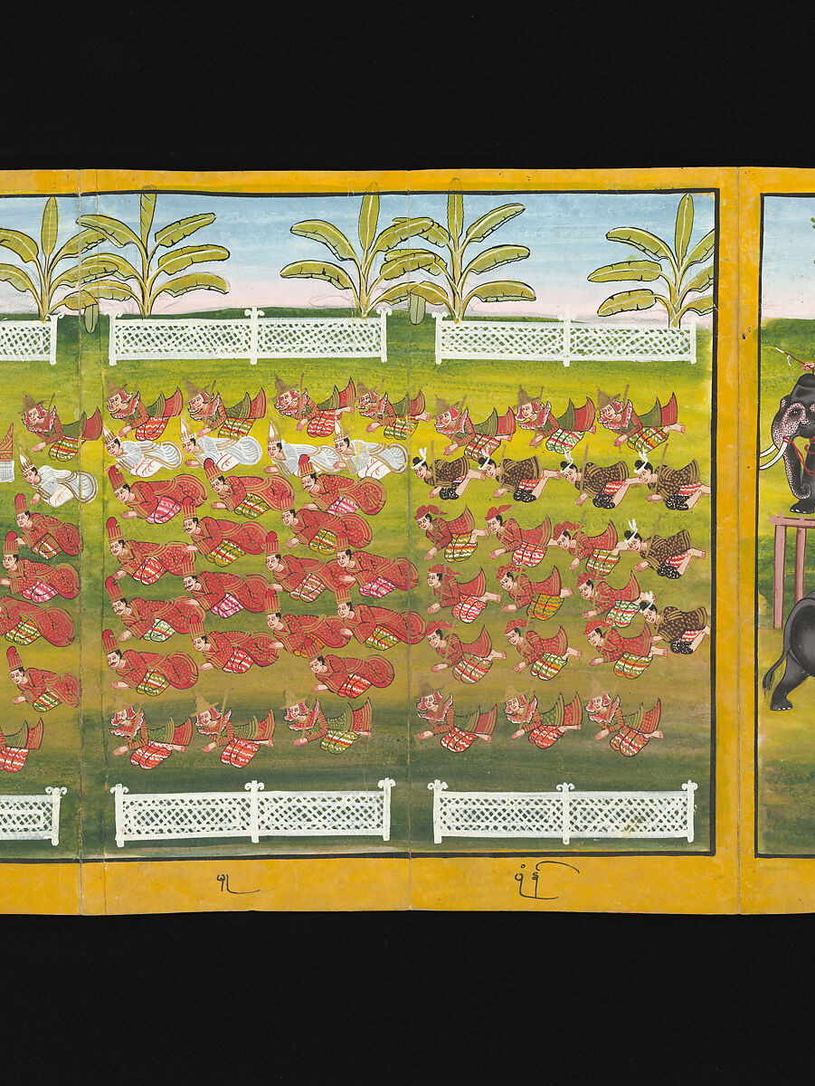 Royal processions, ceremonies and entertainments, Court of King Mindon or Thibaw, or associated workshops, Watercolor and gold on mulberry paper, with gilt lacquered wood covers and cloth lined box, Burma