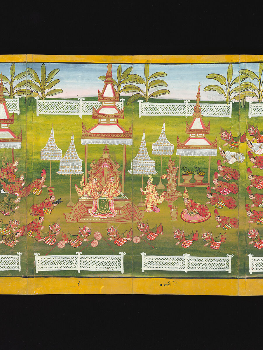 Royal processions, ceremonies and entertainments, Court of King Mindon or Thibaw, or associated workshops, Watercolor and gold on mulberry paper, with gilt lacquered wood covers and cloth lined box, Burma