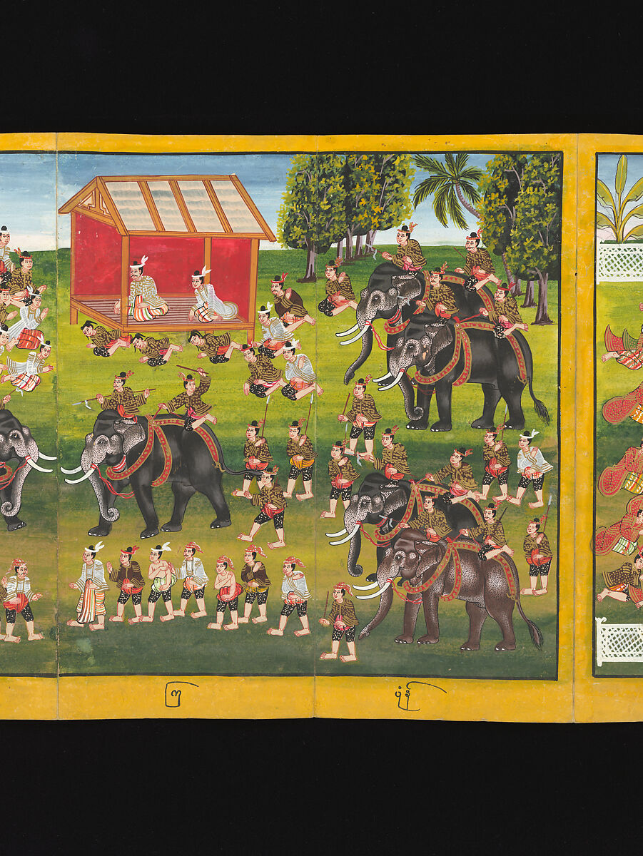 Royal processions, ceremonies and entertainments, Court of King Mindon or Thibaw, or associated workshops, Watercolor and gold on mulberry paper, with gilt lacquered wood covers and cloth lined box, Burma