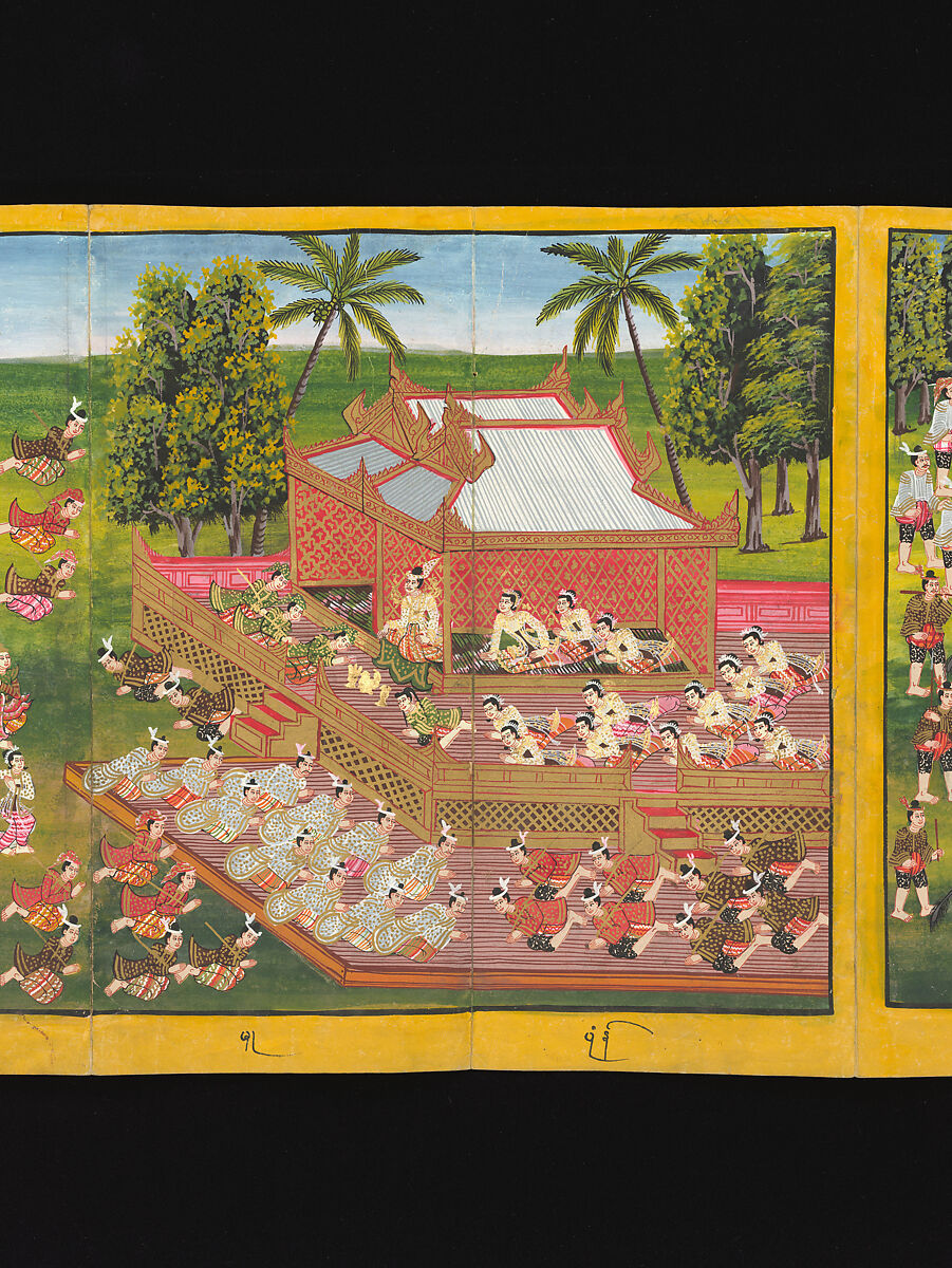 Royal processions, ceremonies and entertainments, Court of King Mindon or Thibaw, or associated workshops, Watercolor and gold on mulberry paper, with gilt lacquered wood covers and cloth lined box, Burma