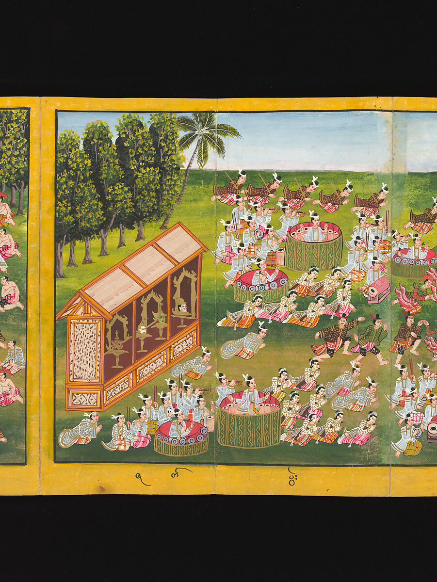 Royal processions, ceremonies and entertainments, Court of King Mindon or Thibaw, or associated workshops, Watercolor and gold on mulberry paper, with gilt lacquered wood covers and cloth lined box, Burma
