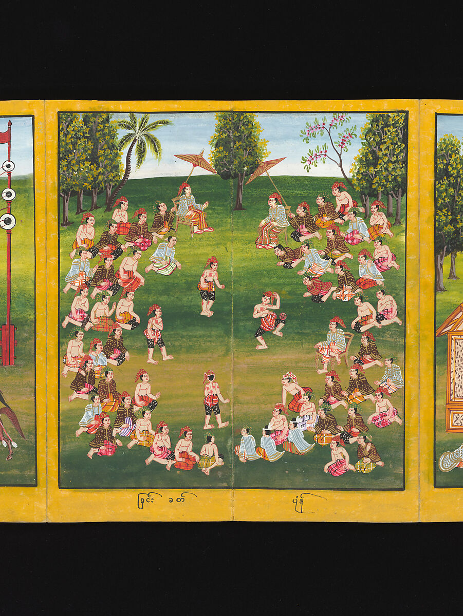Royal processions, ceremonies and entertainments, Court of King Mindon or Thibaw, or associated workshops, Watercolor and gold on mulberry paper, with gilt lacquered wood covers and cloth lined box, Burma