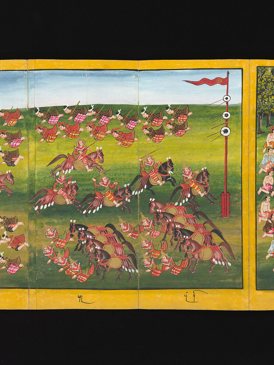 Royal processions, ceremonies and entertainments, Court of King Mindon or Thibaw, or associated workshops, Watercolor and gold on mulberry paper, with gilt lacquered wood covers and cloth lined box, Burma