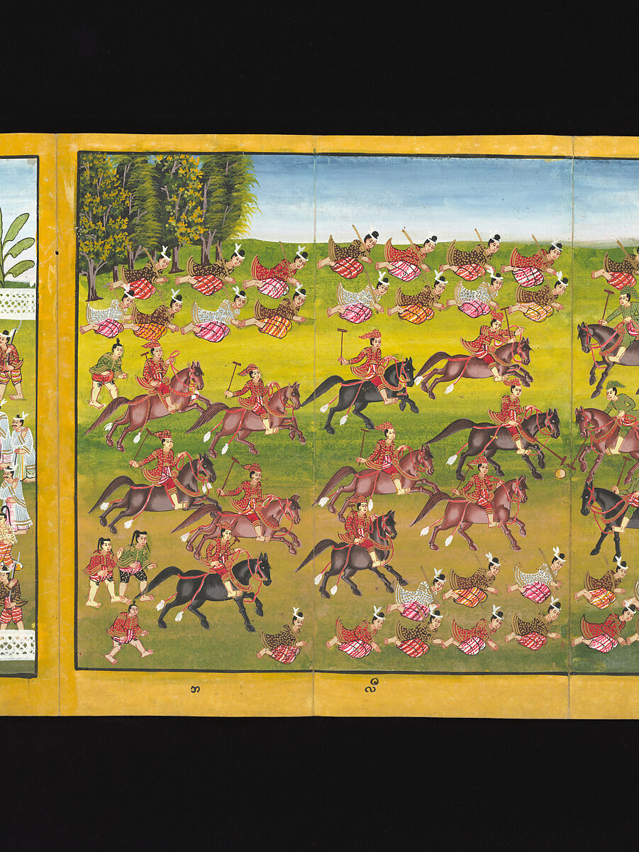 Royal processions, ceremonies and entertainments, Court of King Mindon or Thibaw, or associated workshops, Watercolor and gold on mulberry paper, with gilt lacquered wood covers and cloth lined box, Burma