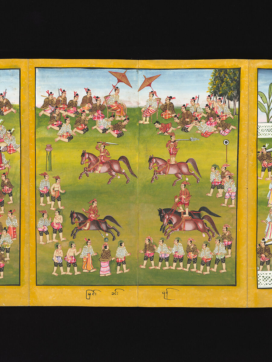 Royal processions, ceremonies and entertainments, Court of King Mindon or Thibaw, or associated workshops, Watercolor and gold on mulberry paper, with gilt lacquered wood covers and cloth lined box, Burma