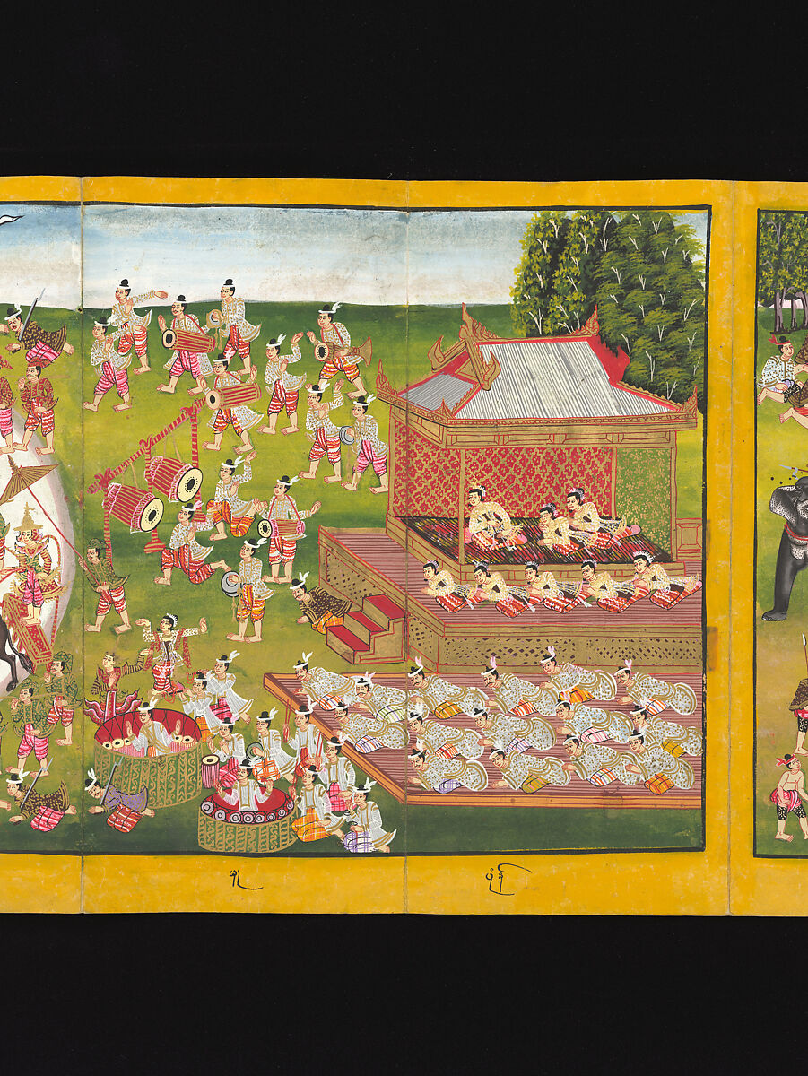 Royal processions, ceremonies and entertainments, Court of King Mindon or Thibaw, or associated workshops, Watercolor and gold on mulberry paper, with gilt lacquered wood covers and cloth lined box, Burma