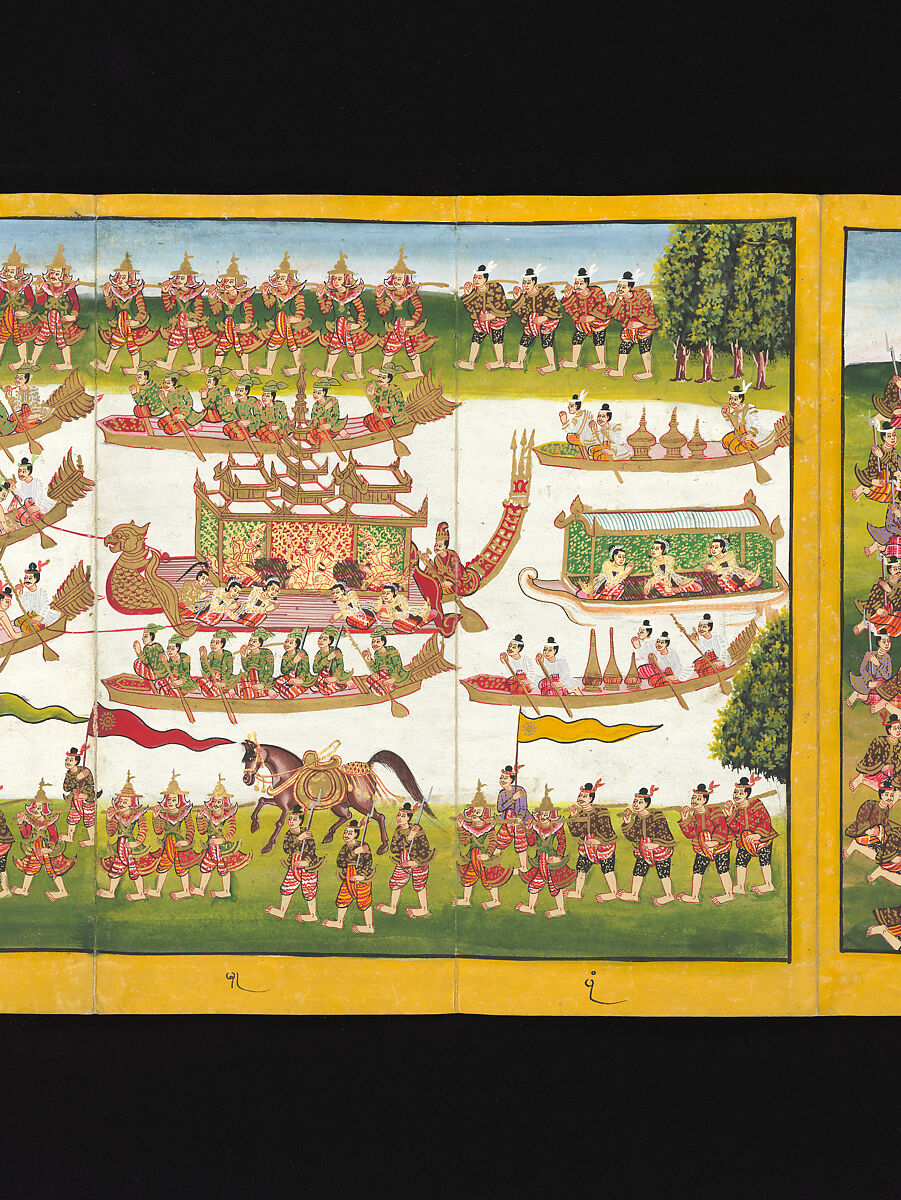 Royal processions, ceremonies and entertainments, Court of King Mindon or Thibaw, or associated workshops, Watercolor and gold on mulberry paper, with gilt lacquered wood covers and cloth lined box, Burma