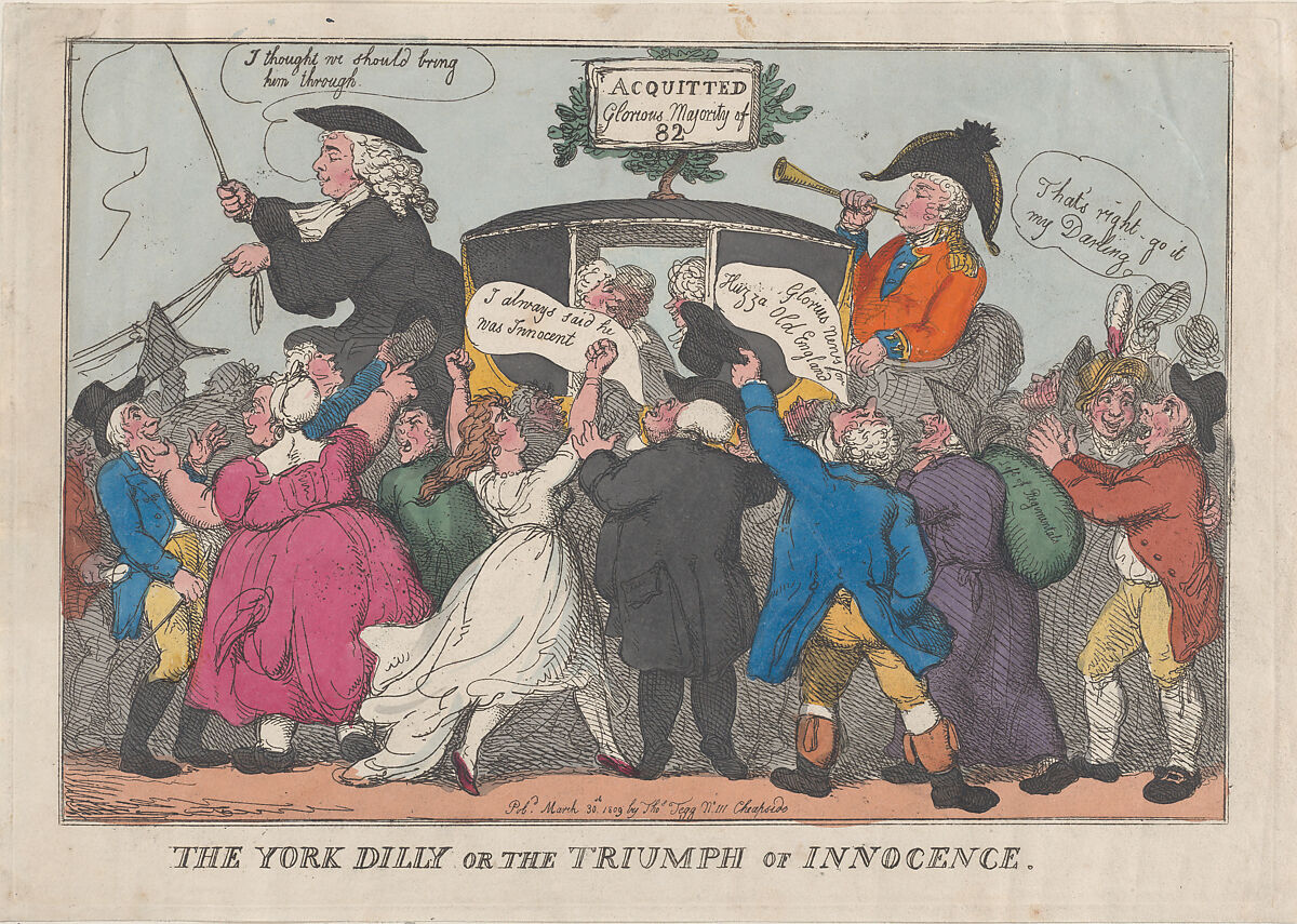 The York Dilly or The Triumph of Innocence, Thomas Rowlandson (British, London 1757–1827 London), Hand-colored etching 
