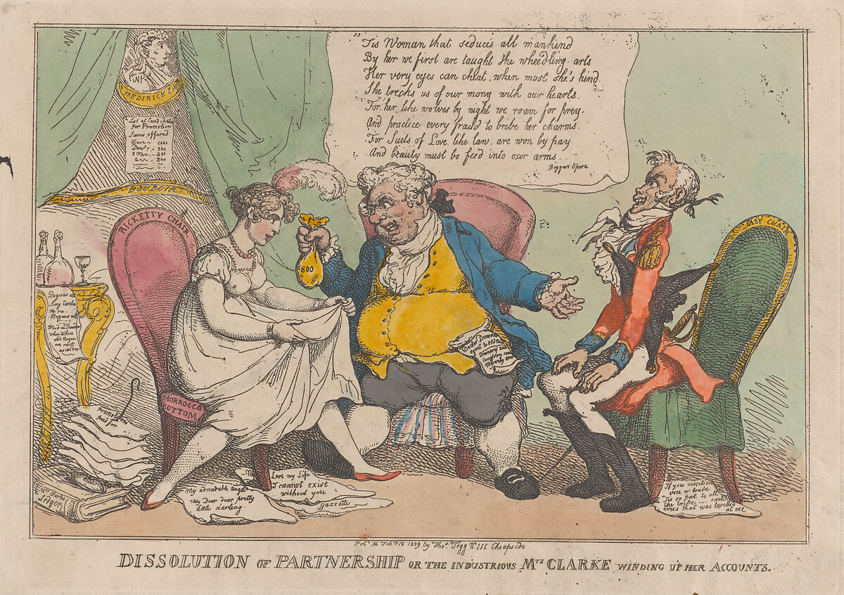 Dissolution of Partnership, or the Industrious Mrs. Clarke Winding Up Her Accounts, Thomas Rowlandson (British, London 1757–1827 London), Hand-colored etching 