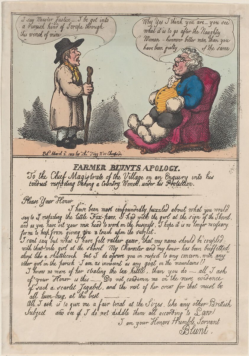 Farmer Blunt's Apology, Thomas Rowlandson (British, London 1757–1827 London), Hand-colored etching 
