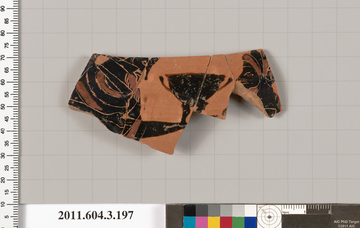 Terracotta fragment of a neck-amphora (jar), Terracotta, Greek, Attic 