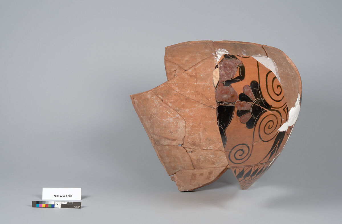 Terracotta fragment of neck-amphora (jar), Terracotta, Greek, Attic