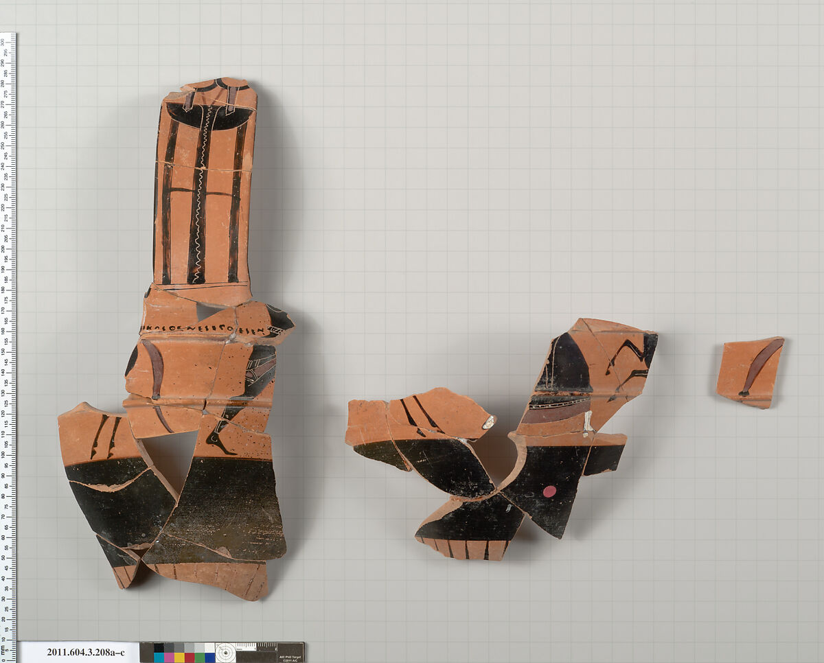Terracotta fragments of a neck-amphora of Nicosthenic shape (jar), Terracotta, Greek, Attic 
