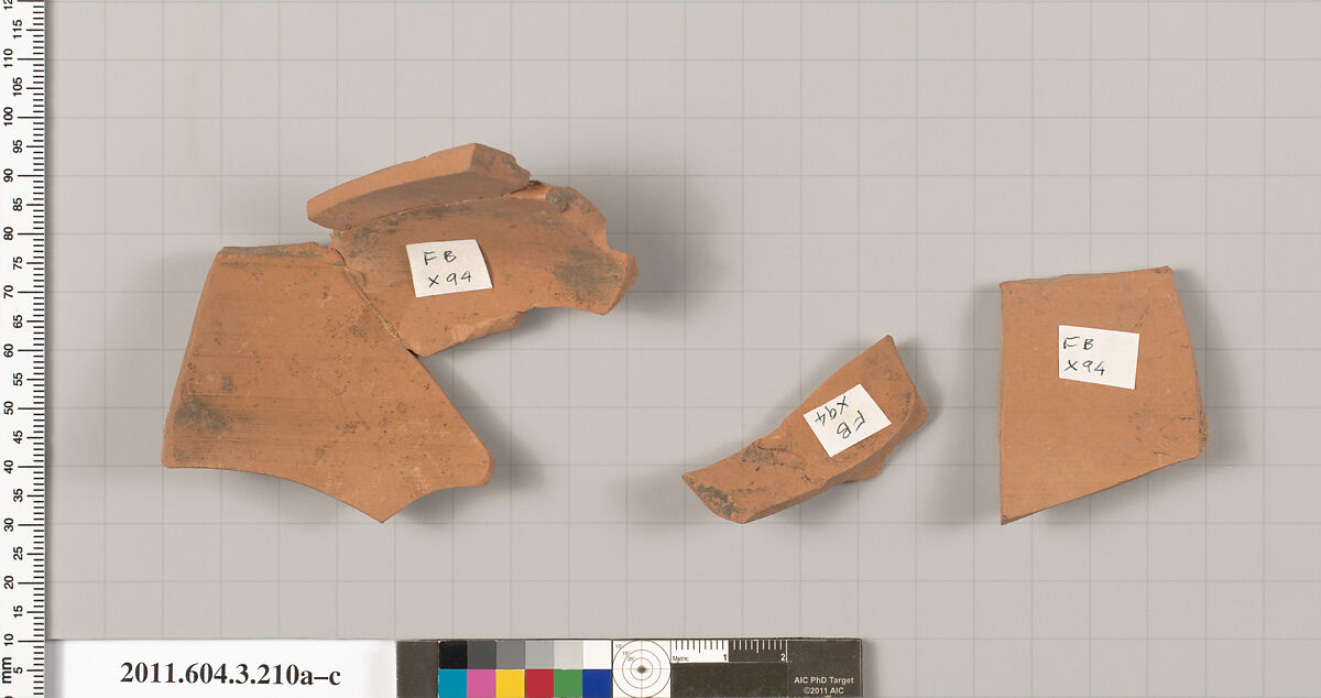Terracotta fragments of a neck-amphora of Nicosthenic shape (jar), Terracotta, Greek, Attic
